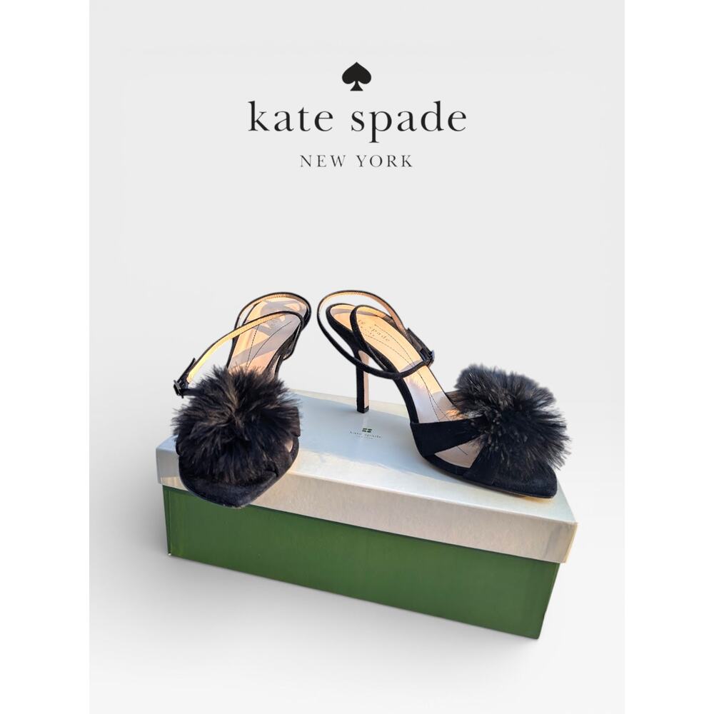 NIB Kate Spade Illude Black Feather Pom Pom Heeled Sandals 7.5M Statement Shoes